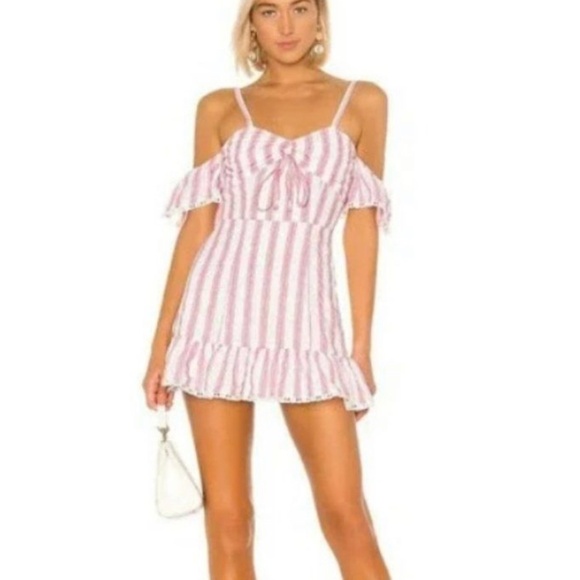 Tularosa Dresses & Skirts - Tularosa Brinley Mini Dress Off Shoulder Pink Stripe Ruffle Hem Sweetheart Neck
